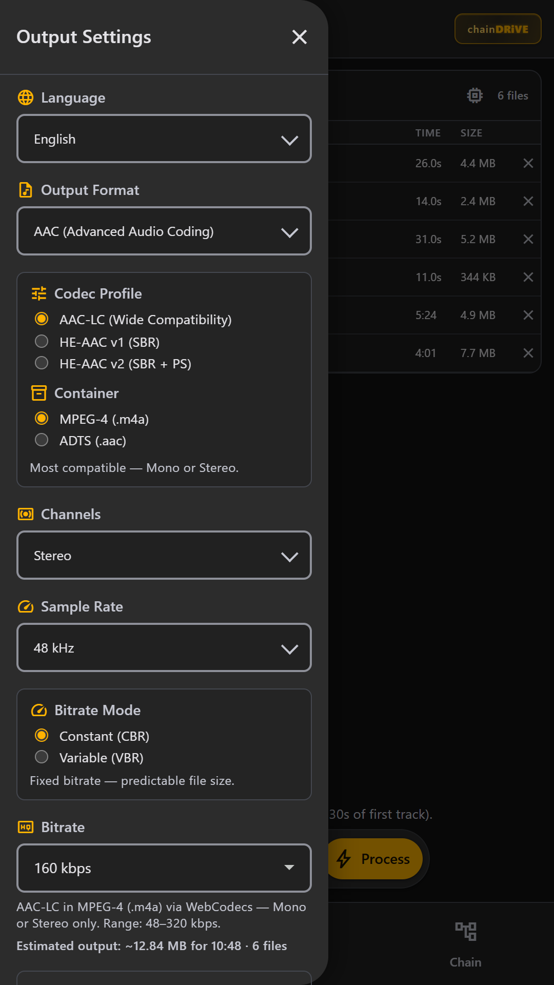 AAC output settings with LC and HE profiles