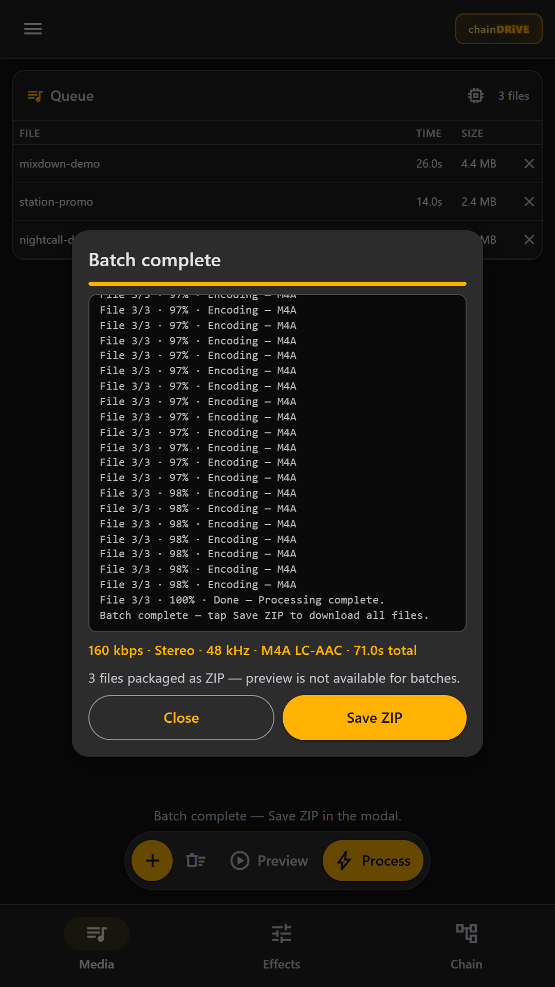 Batch complete job log with Save ZIP