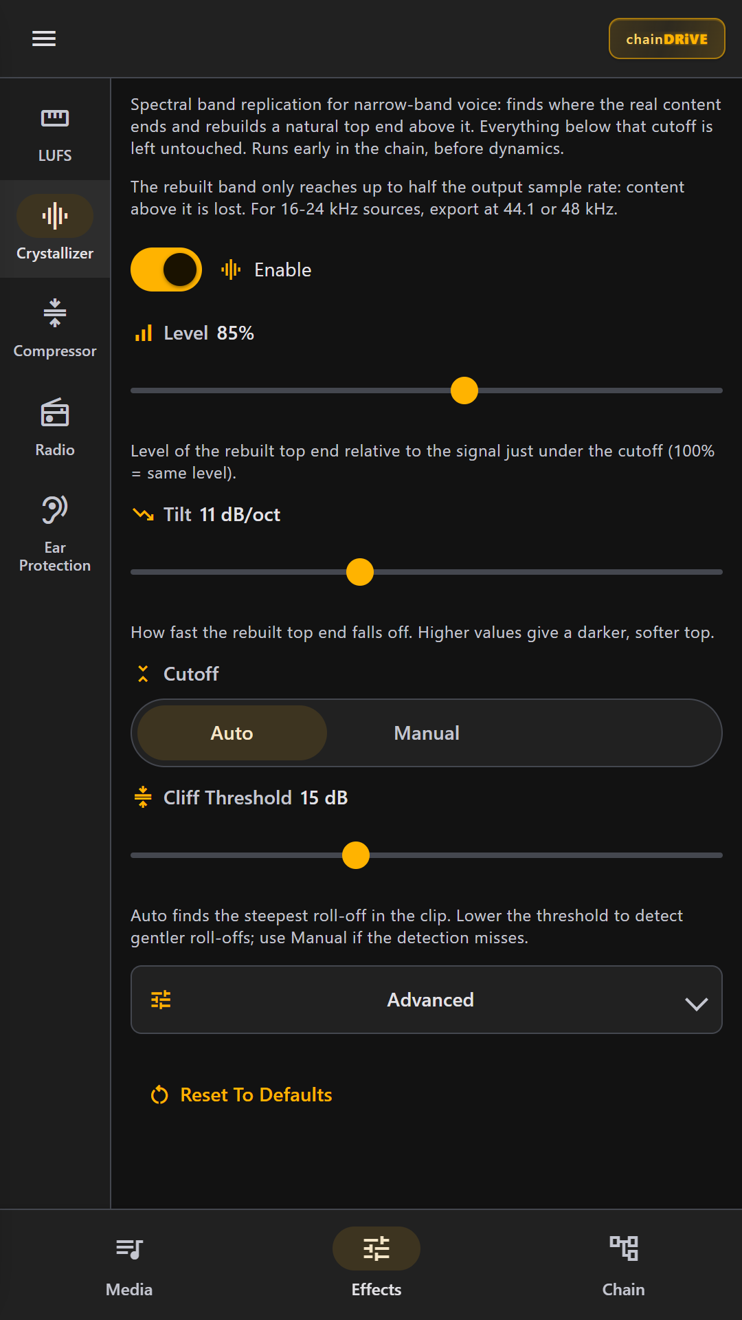 Crystallizer effect tab with the enable switch on and its level, tilt and cutoff controls