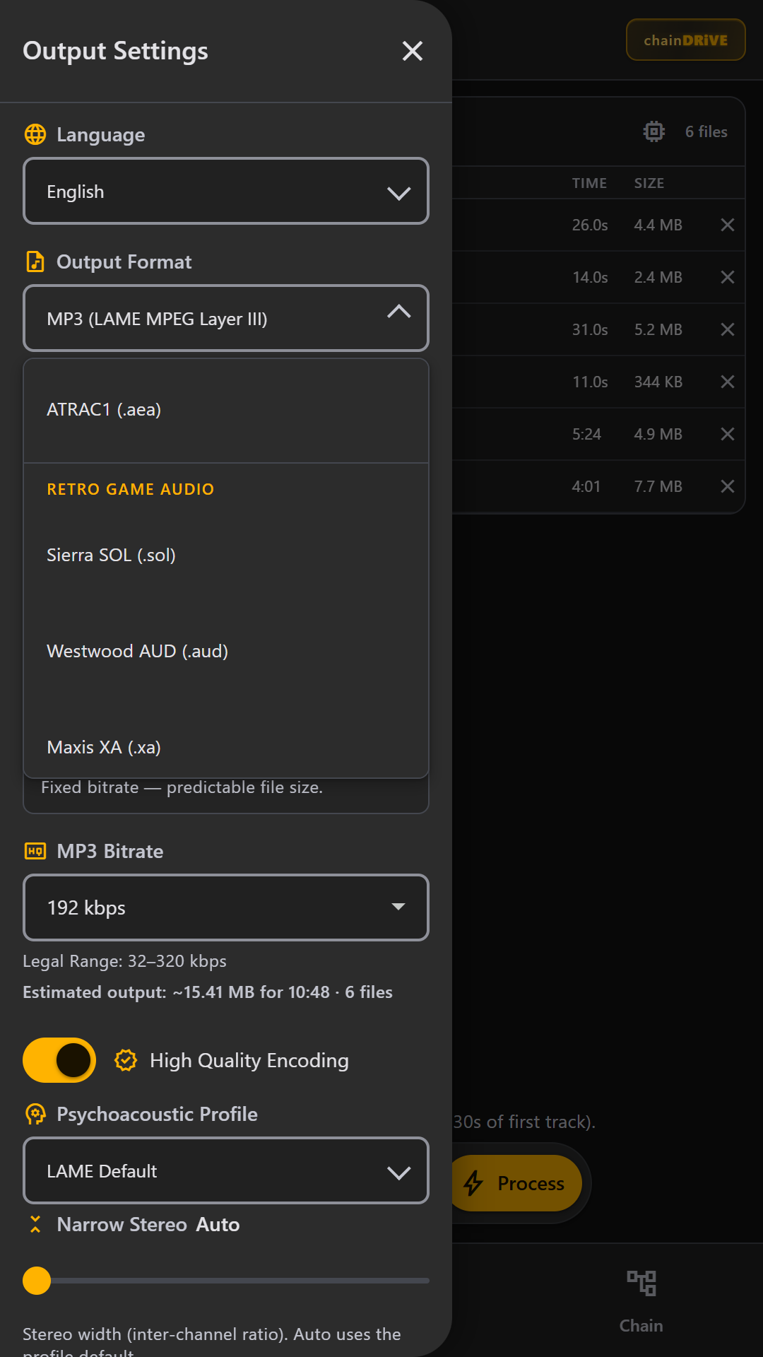 Output format menu scrolled to the Retro game audio group