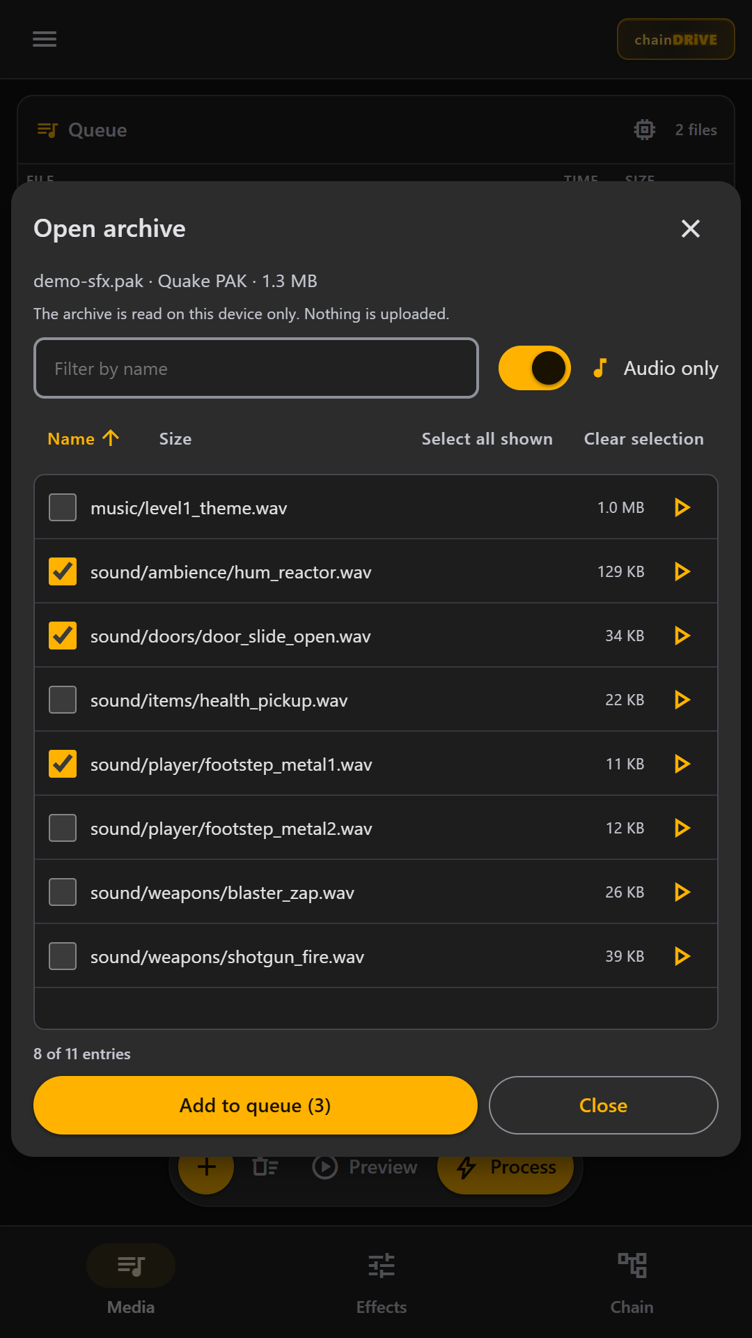 Open archive dialog listing the audio entries of a game-style PAK file