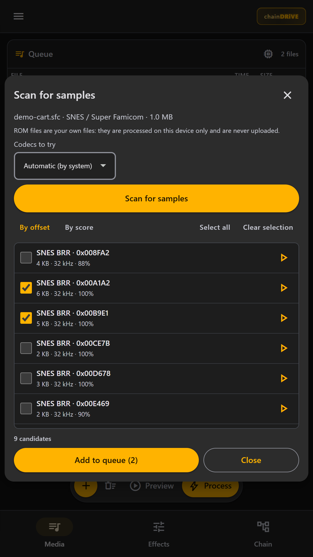 ROM sample scanner dialog listing detected SNES BRR samples with two selected