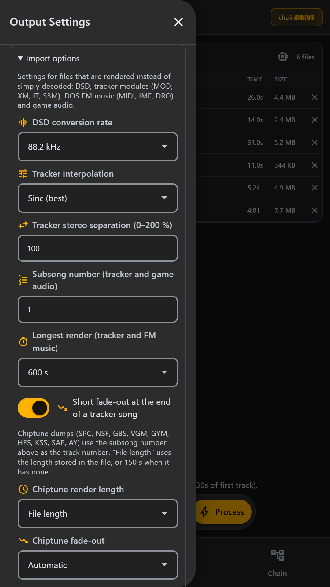 Import options panel with DSD, tracker, chiptune and FM music settings