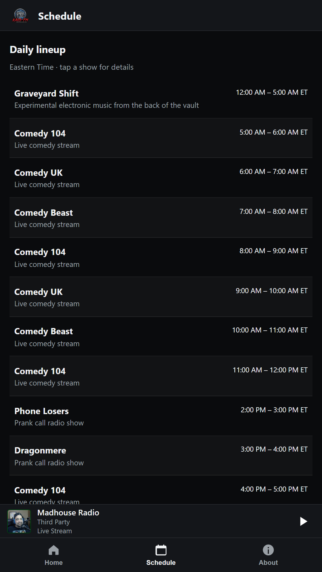 KAOS-FM daily schedule