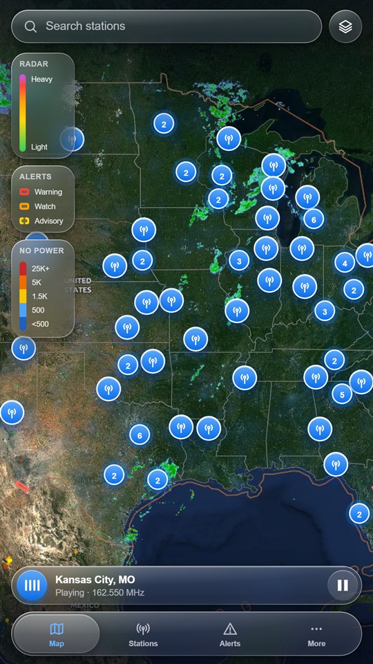 Live radar map with station pins, alert legend and power outage layer