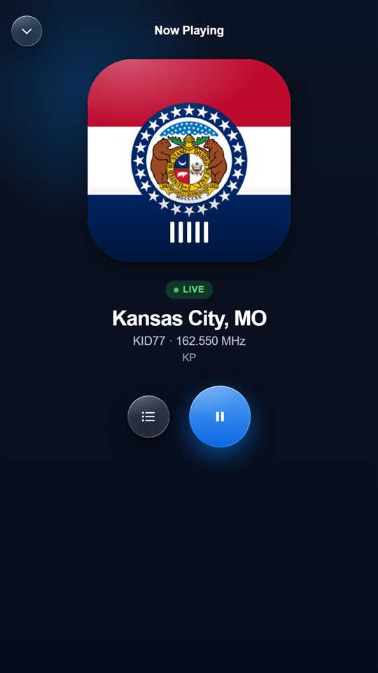 Now Playing screen with state flag artwork and station details