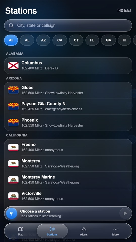Station list grouped by state with real state flags and search