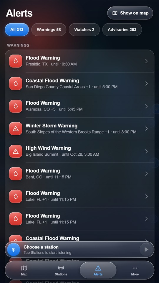 Active NWS alerts grouped into warnings, watches and advisories