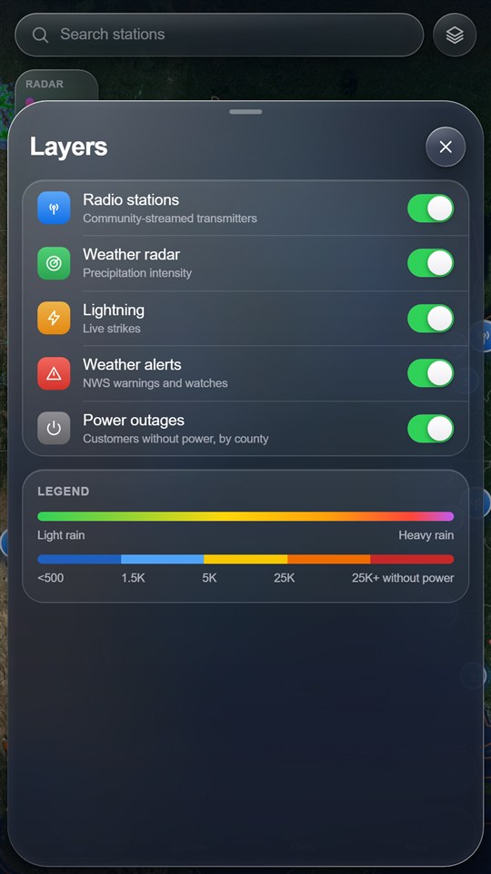 Layers sheet to switch stations, radar, lightning, alerts and power outages