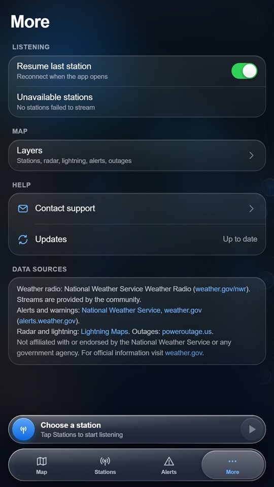 More tab with settings, support and information