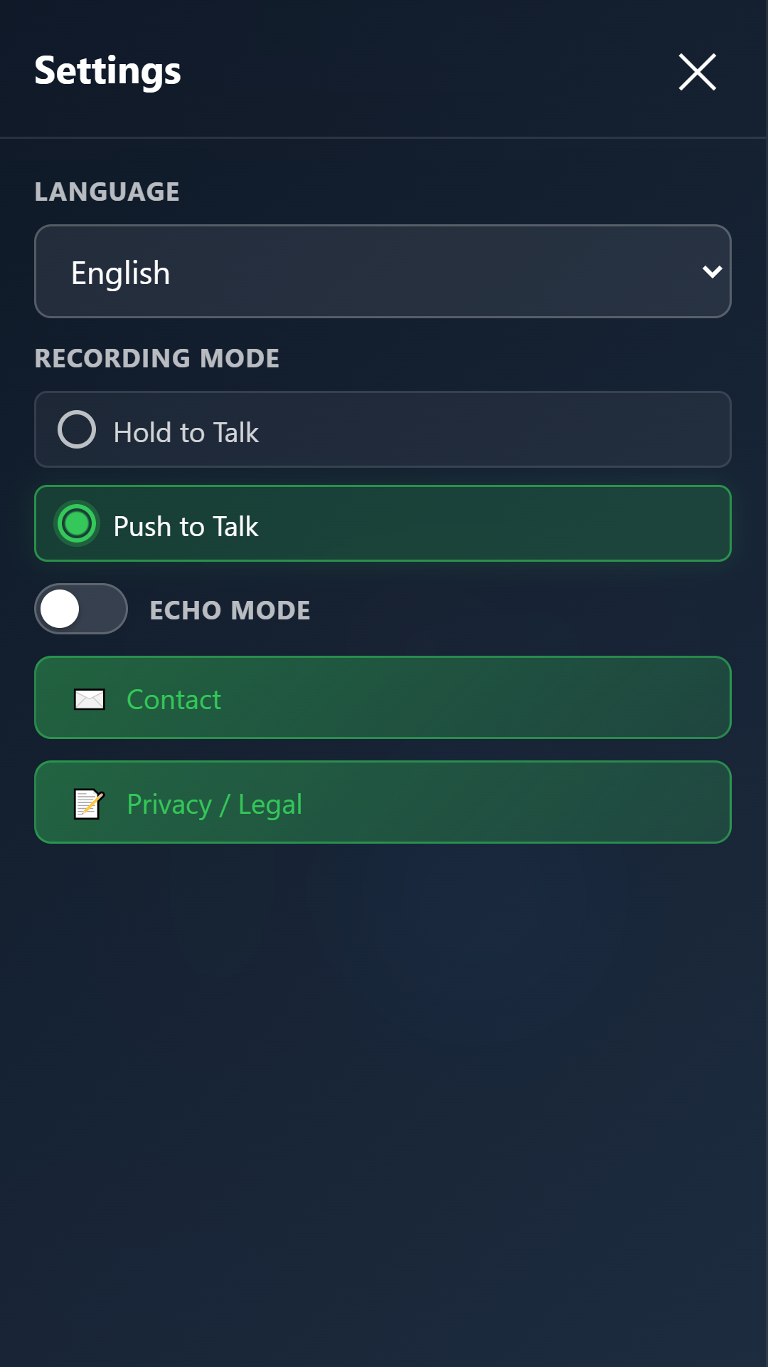 Walkie Talkie Machine settings with PTT mode